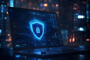 Poster - Laptop with a digital shield and lock on the screen, signifying data protection in a cybersecurity concept.