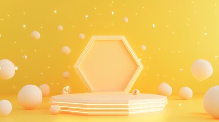 Sticker - A minimalist stage with a hexagonal backdrop and floating spheres in a bright yellow setting.