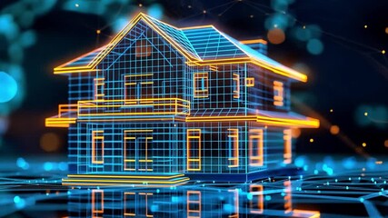 Aufkleber - A digitally rendered house features neon outlines and grid patterns, highlighting contemporary design elements against a pixelated technology backdrop that emphasizes innovation.