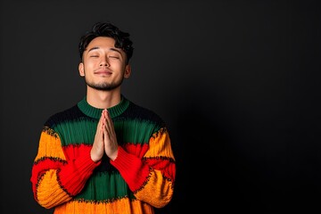 A smiling young man in a colorful sweater poses with hands clasped together against a dark background, conveying warmth and positivity.