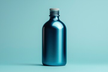 Canvas Print - A Single Blue Glass Bottle with a Silver Lid on a Light Blue Background