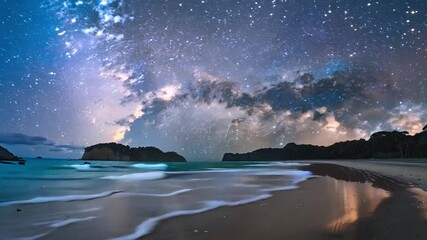 Poster - Stars sparkle in the night sky as the Milky Way stretches above a serene beach with gentle waves reflecting the cosmic display.