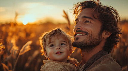 Wall Mural - A father and his young son smile at the sunset.