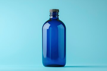 Poster - A Single Blue Glass Bottle with a Black Lid on a Light Blue Background