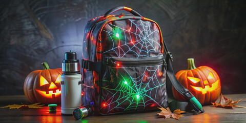 A spooky-season backpack filled with eerie essentials: glow sticks, flashlight, spider web phone case, fake blood, Halloween-themed bag clips, and more.