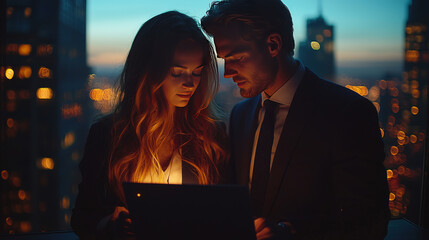 Canvas Print - Couple looking at a tablet in a dark room with city lights.