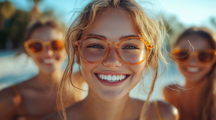 Wall Mural - A young woman smiles brightly, wearing glasses, while her friend is blurred in the background.