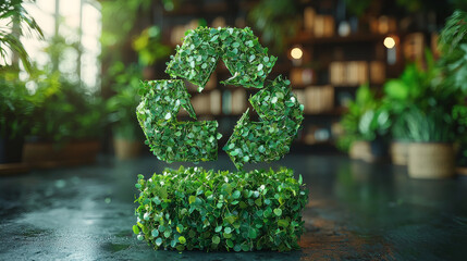 A green, leafy recycle symbol sits on a table in a plant-filled room.