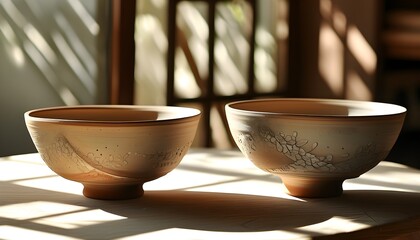 Sunlit elegance of handmade ceramic bowls showcasing the warm beauty of artisanal craftsmanship on a charming table