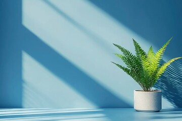 Sticker - Fern Plant in a White Pot Against a Blue Wall with Sunlight