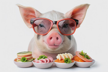 Adorable pink pig wearing trendy shades enjoys savoring sushi rolls on a transparent background, adding a touch of whimsy and humor to any design.