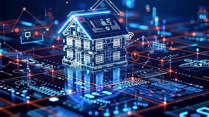 Leinwandbilder - A glowing digital house sits on an intricate grid filled with circuits and symbols, illustrating the concept of smart homes and advanced technology in a vibrant night setting.