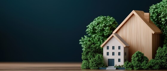 Wooden house model with greenery on dark background