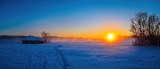 winter sunset over a snowy field with a cabin