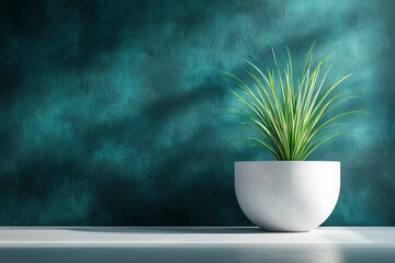 Canvas Print - A Single Green Plant in a White Pot Against a Textured Teal Wall