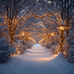 Snowy forest Christmas backdrop with festive decorations, capturing the magic of a winter wonderland