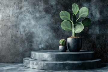 Canvas Print - Two potted plants on a two-tiered stone platform against a textured gray wall.