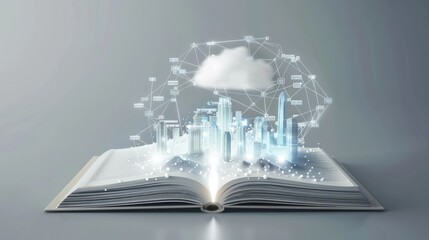 Poster - Cityscape emerging from a book, cloud computing and data