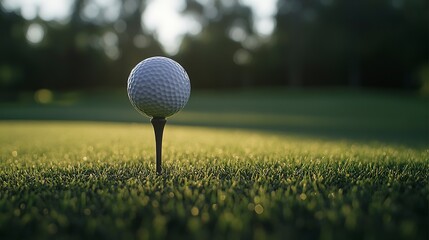 Poster - A golf ball sits on a tee against the backdrop of the golf course providing ample room for any desired image or text 