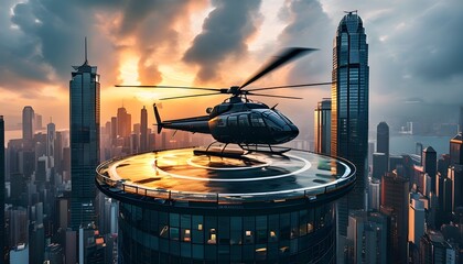 Sky-high helicopter landing pad on a bustling city skyscraper, surrounded by towering buildings under a dynamic cloudy sky