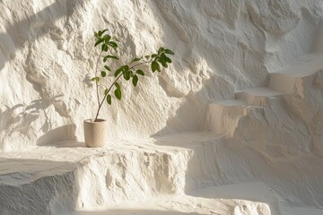 Wall Mural - A Small Plant in a Pot on a White Textured Wall