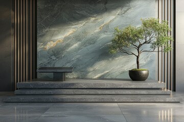 Canvas Print - Minimalist Interior Design with Marble Wall, Steps, and Bonsai Tree