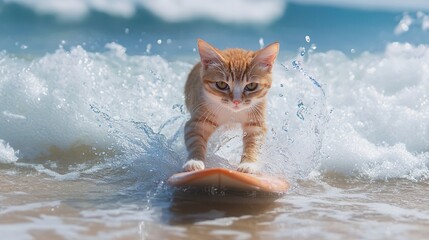 A cat is enjoying a summer vacation, surfing on the waves 