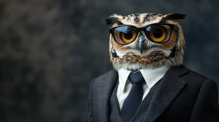 Stylish owl wearing a suit and glasses, symbolizing intelligence and sophistication in a surreal portrait against a dark background.