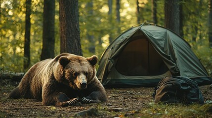 Canvas Print - A bear in the forest lies near a tourist tent 