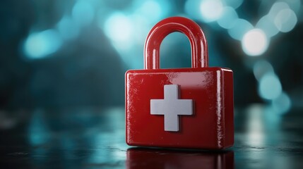 Poster - Healthcare data security concept featuring a red padlock with a medical cross, emphasizing the protection of patient information
