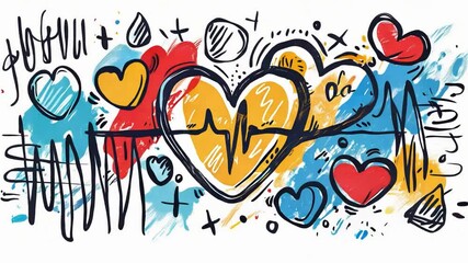 Poster - Brightly colored hearts and playful doodles create a lively design that conveys feelings of love and happiness with energetic brush strokes and splashes of color.