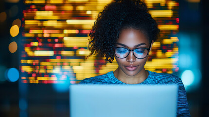 Canvas Print - Woman working on a laptop late at night.