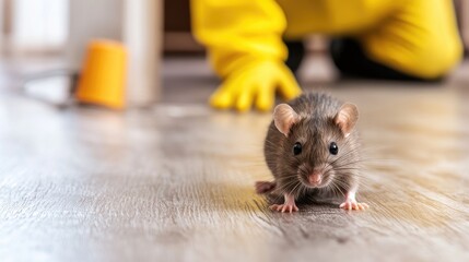 rat on the floor with a yellow-gloved pest control worker in the distance, showcasing a scene of pes