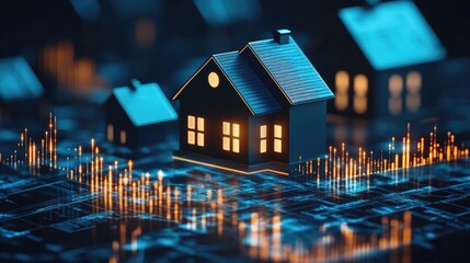 Poster - Real estate market graph with home icons, visualizing economic trends and the rise and fall of the housing market.