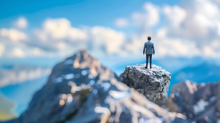 Man in a suit standing on top of a mountain peak, looking out at the view. He is a small figure against the vastness of the landscape, symbolizing success, achievement, and the pursuit of goals.