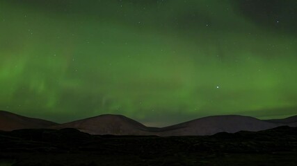 Wall Mural - Intense green aurora borealis across Norway's night sky