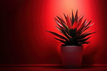 Wall Mural - A Potted Plant with Red-Tinted Leaves Against a Red Wall