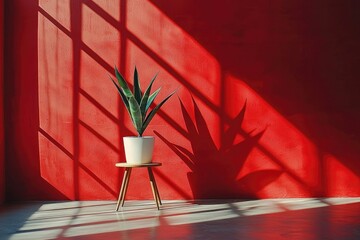 Wall Mural - A potted plant on a wooden stool in front of a red wall with a window's shadow