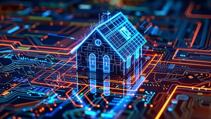 Leinwandbilder - A house is digitally rendered on a circuit board, surrounded by glowing neon lines that symbolize the integration of technology into everyday life and homes.