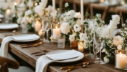 Elegant wedding table setup with white floral arrangements, soft candlelight, and blank place card for personal touches