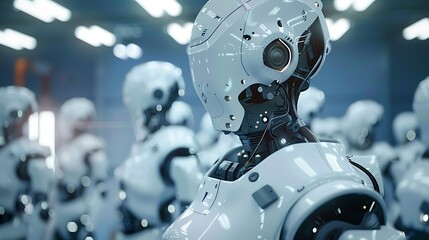 Poster - Humanoid robots stand lined up in a factory. The robots are white and shiny, with intricate details visible on their bodies. The scene suggests automation and the future of technology.