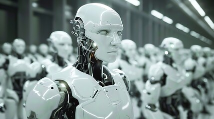 Poster - Close-up of a row of robots in a factory setting, highlighting the advanced technology and design of the androids.