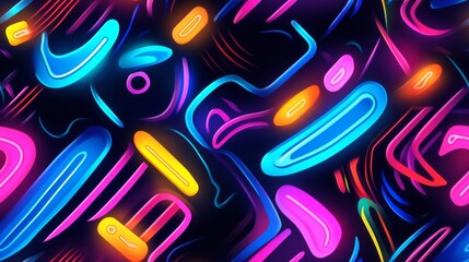 Wall Mural - Seamless Abstract Colorful Neon Shapes on Dark Background