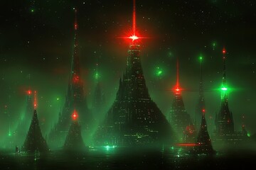 Sticker - Futuristic Cityscape with Red and Green Lights at Night.