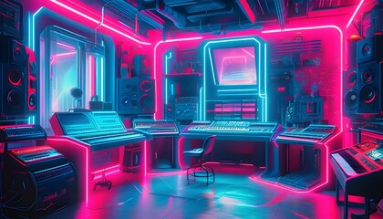 Canvas Print - Vibrant neon-lit futuristic music studio filled with electronic instruments, creating an energetic high-tech atmosphere