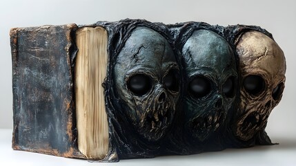 Haunted book with eyes that follow you, decorated with creepy Halloween masks, digital painting, isolated on white background