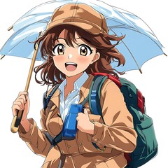 Canvas Print - Happy Anime Girl with Umbrella and Backpack.