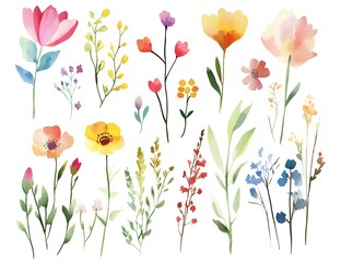 Wall Mural - Watercolor flower clipart collection, simple flat design, white background, 