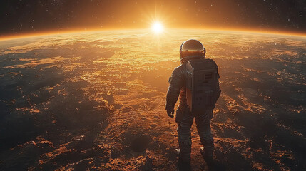 Wall Mural - An astronaut stands on a red planet, gazing at the rising sun.