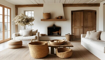 Wall Mural - Sunlit rustic living room adorned with natural woven baskets and a cozy fireplace, exuding warmth and serenity